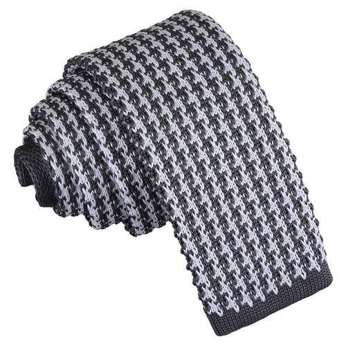 Houndstooth Knitted Skinny Tie - White & Grey