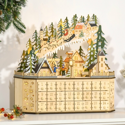 HOMCOM Christmas Advent Calendar, 2021 Light Up Table Xmas Wooden Box