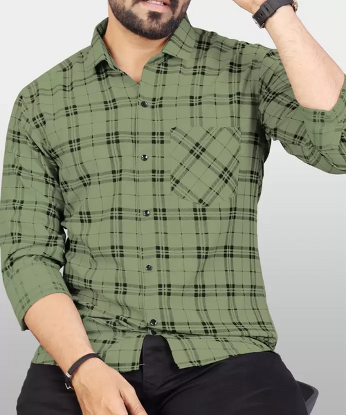 Men Regular Fit Checkered Spread Collar Casual Shirt Oilve Green (Size