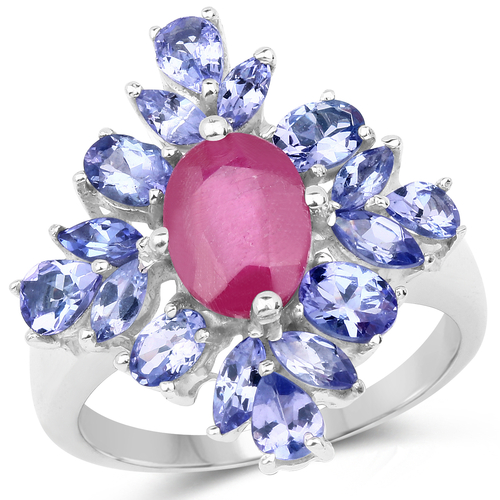 3.48 Carat Glass Filled Ruby and Tanzanite .925 Sterling Silver Ring