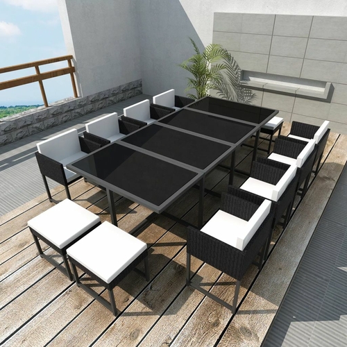 13 Piece Outdoor Dining Set with Cushions Poly Rattan Black