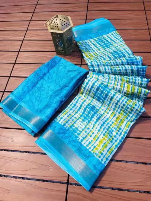 Printed Mysore Tussar Silk Saree  (Blue)