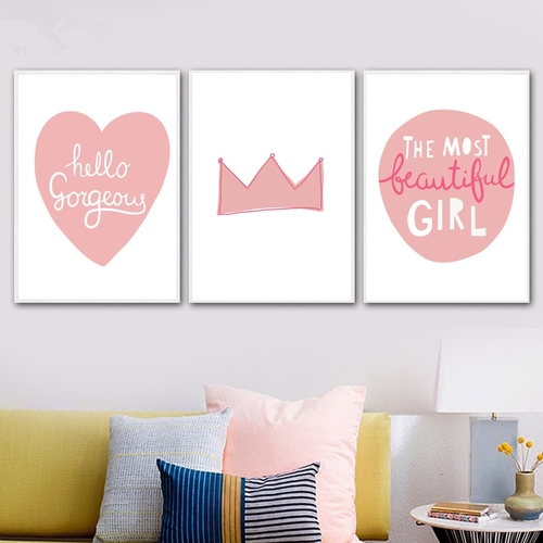 Hello Girl Quotes Pink Crown Heart Wall Art Canvas