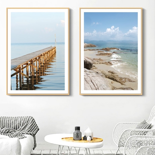 Beach Bridge Blue Sky Sea Landscape Wall Art