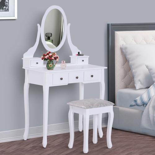 HOMCOM Contemporary Vanity Dressing Table Set Wooden w/ Mirror Stool 5