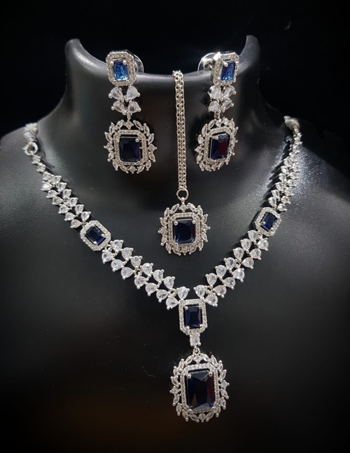 Blue Stone Women Necklace Set With Maang Tika & Two Matching Earring