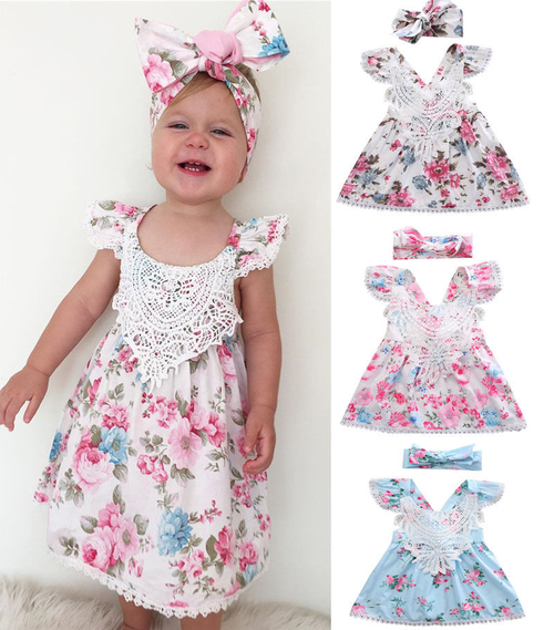 2pcs Toddler Kids Baby Girl Flower Dress+Headband