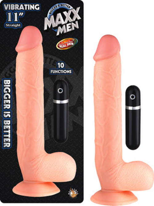 Maxx Men Vibrating 11in. Real Skin Straight Dong With Balls & Suction