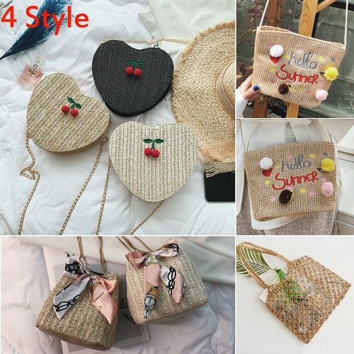 Women Girls Fashion Straw Bag Handwoven Round