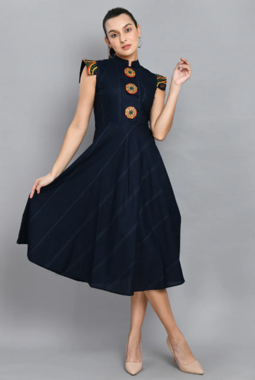 Navy Blue HAND PAINTED SLEEVES AND BUTTONS DRESS (Size XL)