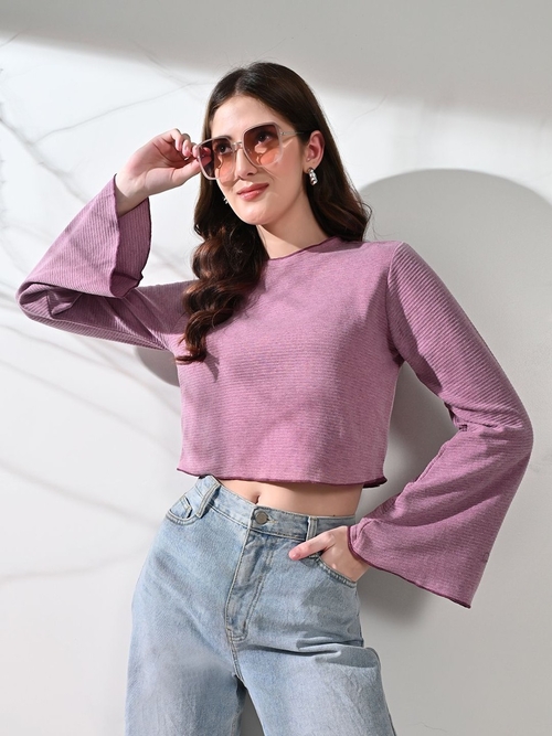 Women Bell Sleeves Casual Cropped Top (Color Lavender) (Size M)