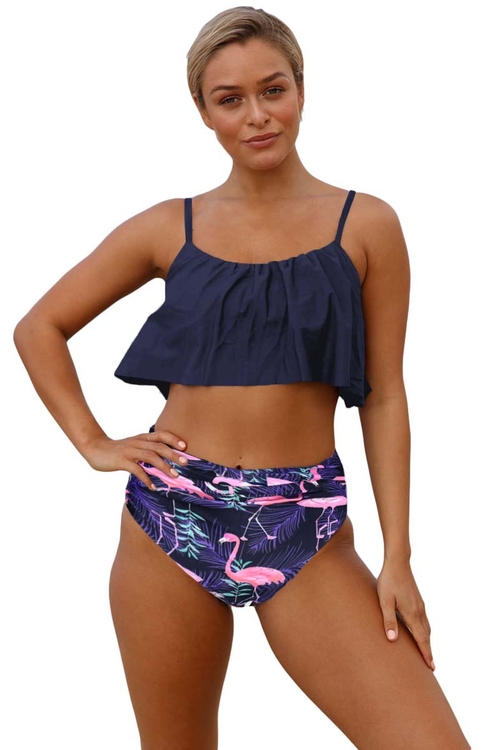 Blue Ruffle Top High Waist Bottom Bikini Swimsuit