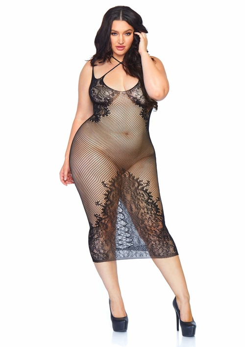 Fishnet Halter Dress - Queen Size - Black