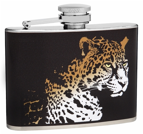 4oz Leopard Face Hip Flask, Gift Box, Funnel and Shot Glasses Included