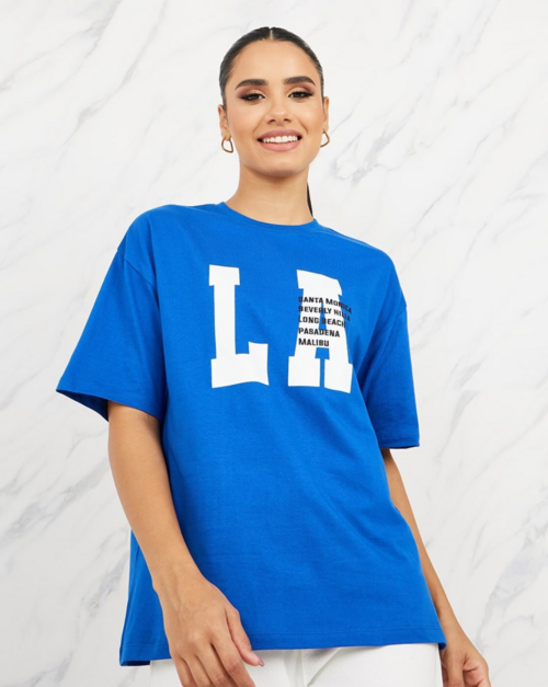 Women Oversized LA City Names Print Round Neck T-Shirt (SIZE-M)
