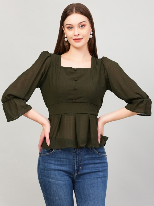 Women Solid Pleated Top (Size-M) (Color-DARK GREEN)