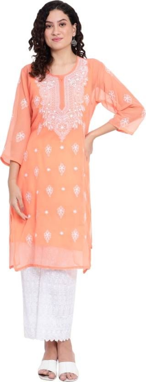 Women Chikanari 3/4th Sleeve  Embroidery Georgette Straight Kurta 