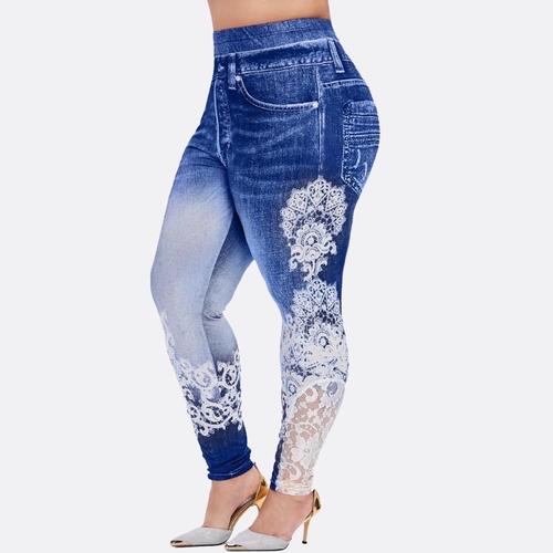 Rosegal Women Jeggings 3D Print Lace Panel Elastic