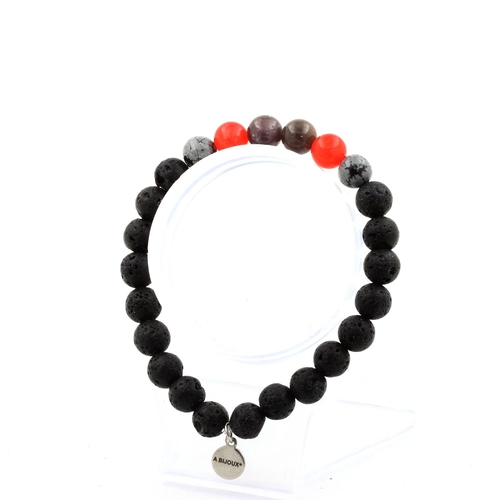 Ruby, Burma + Red Chalcedony + Snowflake Obsidian + Lava Bracelet 