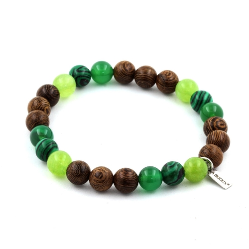 Peridot + Malachite + Green Agate + Wood Bracelet 8 mm Beads.