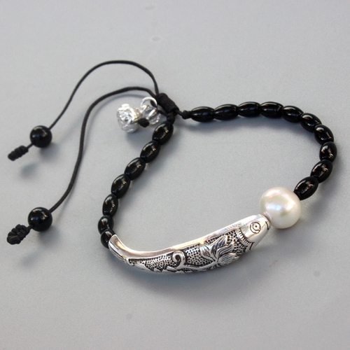 Black Stone Natural Pearl With Silver