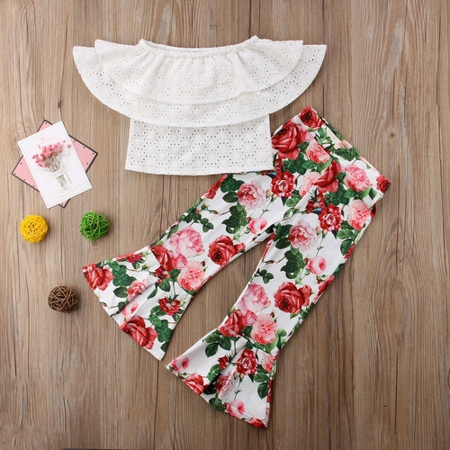 Kids Girls Off Shoulder Crop Tops Floral Pants