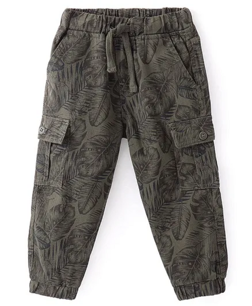 Cotton Lycra Woven Full Length Stretchable Tropical Print Pant - Olive