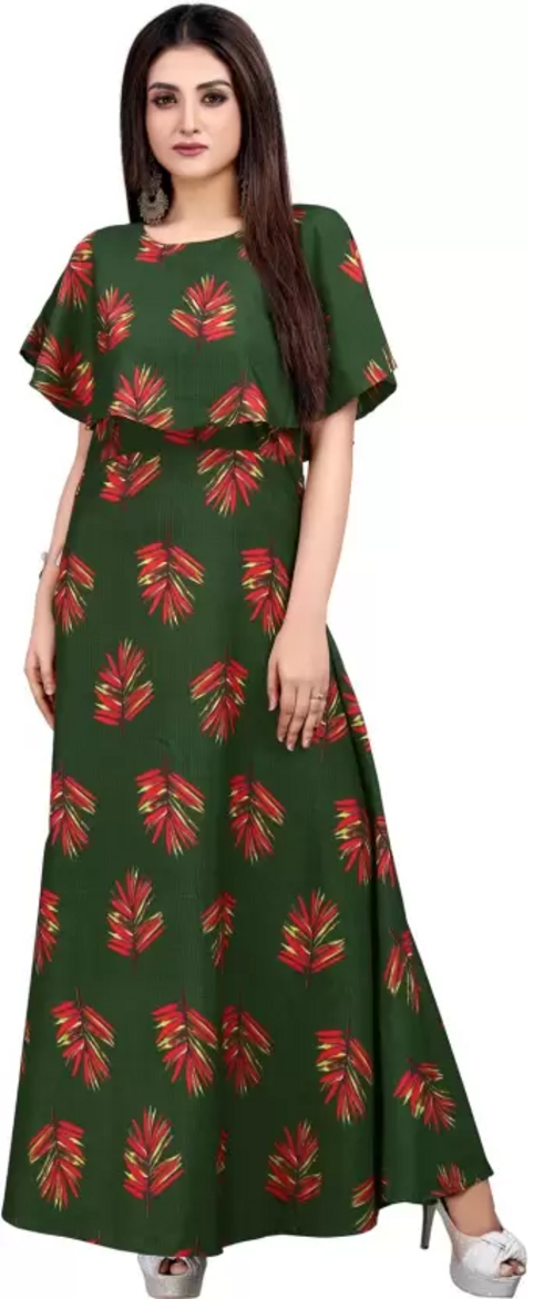 Women's Printed Crepe Stitched Anarkali Gown (Green) (Size S)