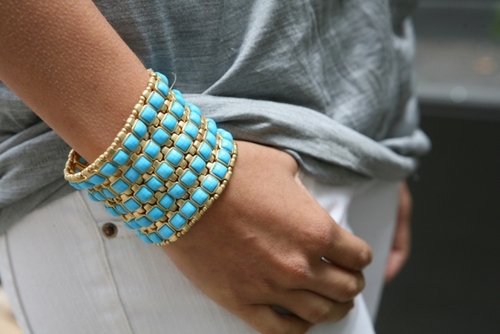 Celeste 622B-0011TQ Goldtone 5-Row Square Cabochon Stretch Cuff Bracel