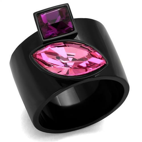 Women IP Black Stainless Steel Ring with Top Grade Crystal in Rose - S