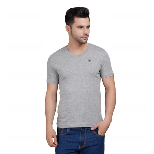 Men Printed V Neck Cotton Grey T-Shirt (Size M)