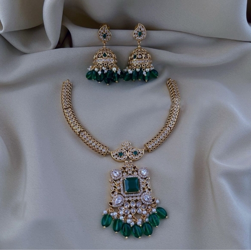Gold plated cz matte finish necklace set With matching Green Earring