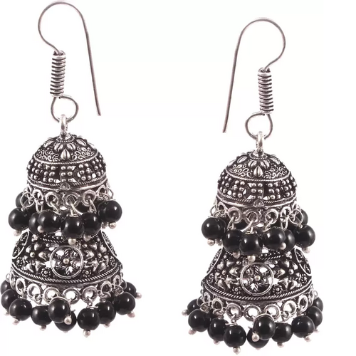 Oxidized German Silver light weight hook drop Double Jhumka designer