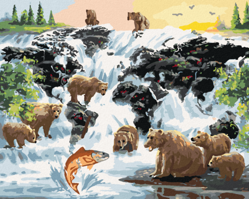 Zuty - Paint by Numbers - BEARS AT A WATERFALL ON A SALMON HUNT AND A