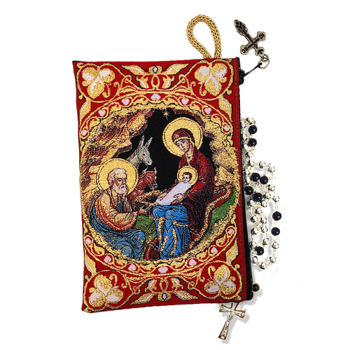  Red Gold Tapestry Nativity of Christ Byzantine Icon Rosary Pouch Case