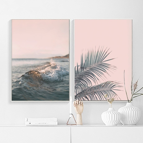 Pink Sea Wave Palm Leaves Landscape