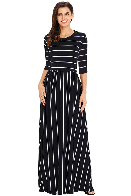 Black White Striped Casual Pocket Style Maxi Dress