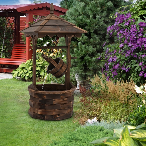 Outsunny Rustic Wooden Barrel Well Garden Fountain w/Pump