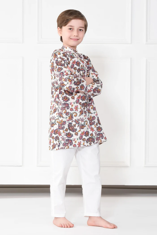 BOYS MULTICOLOR FLORAL KURTA PANT SET (SIZE-5-6yr) (COLOR-WHITE)