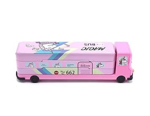 Metal Bus Compass Pencil Box Cartoon Printed School with Moving Tyers