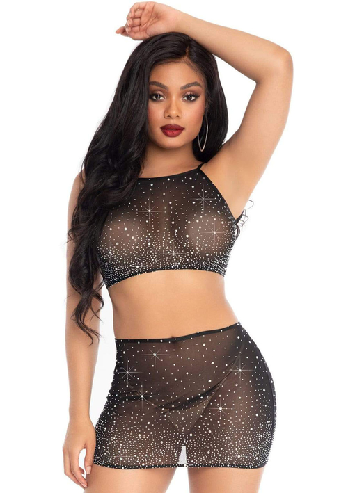 2 Pc Rhinestone Crop Top and Mini Skirt - Black - Small