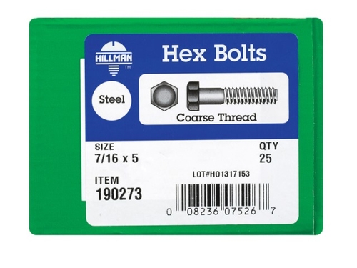 Hillman 190273 0.437 x 5 in. Zinc Plated Hex Head Bolt Grade