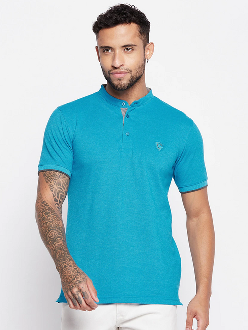Blue Chinese Neck Solid T-Shirt (Size-Xl) (Color-Sea Blue)