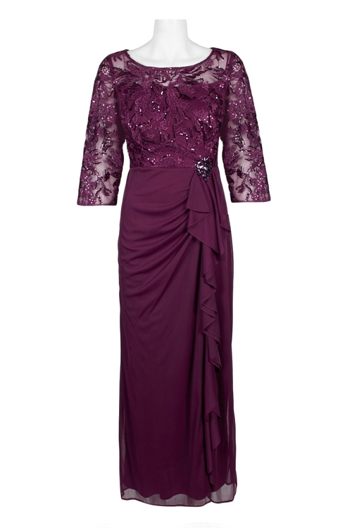 Alex Evenings Boat Neck Illusion Embroidered Mesh Bodice Brooch