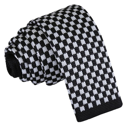 Check Knitted Skinny Tie - White & Black