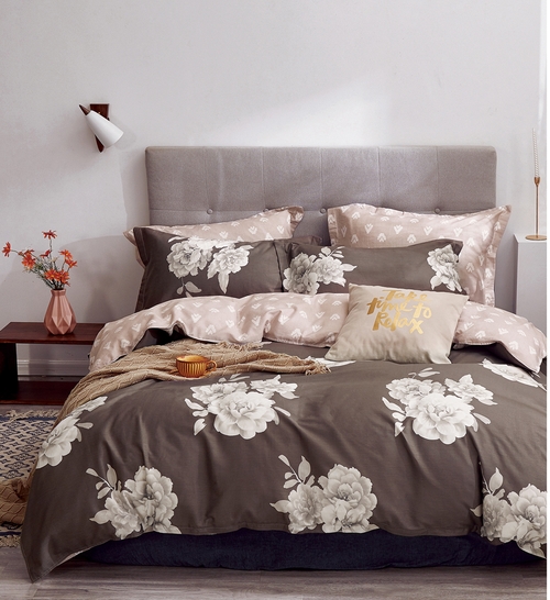 Marrisa Brown Floral 100% Cotton Reversible Comforter Set 