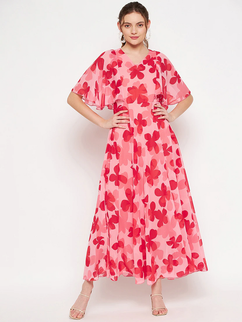 Women'S Fit & Flare Floral Dress (Size-M) (Color-RED)