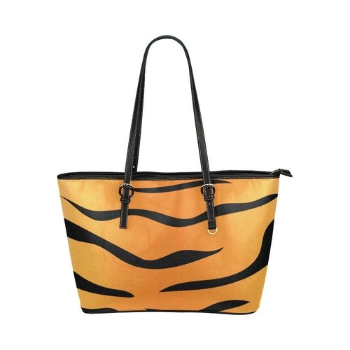 Large Leather Tote Shoulder Bag - Orange and Black Tiger Stripe