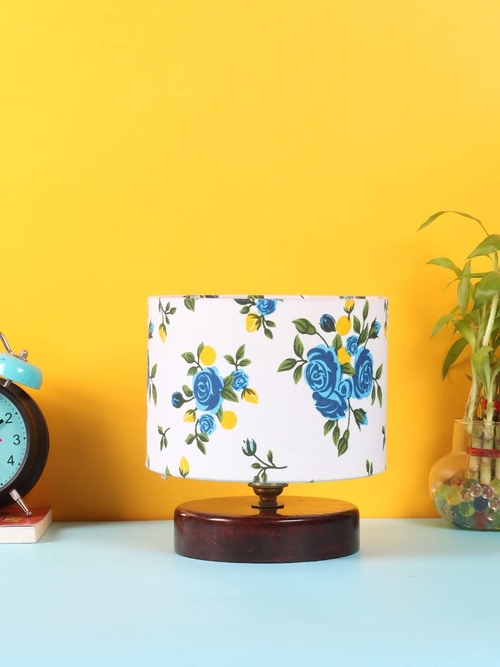 White & Blue Print Table lamp with Wood Brown Base