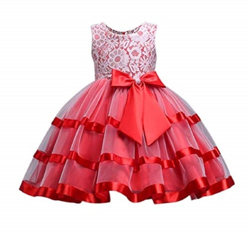 Girls Midi/Knee Length Festive/Wedding Dress  (Red, Sleeveless)